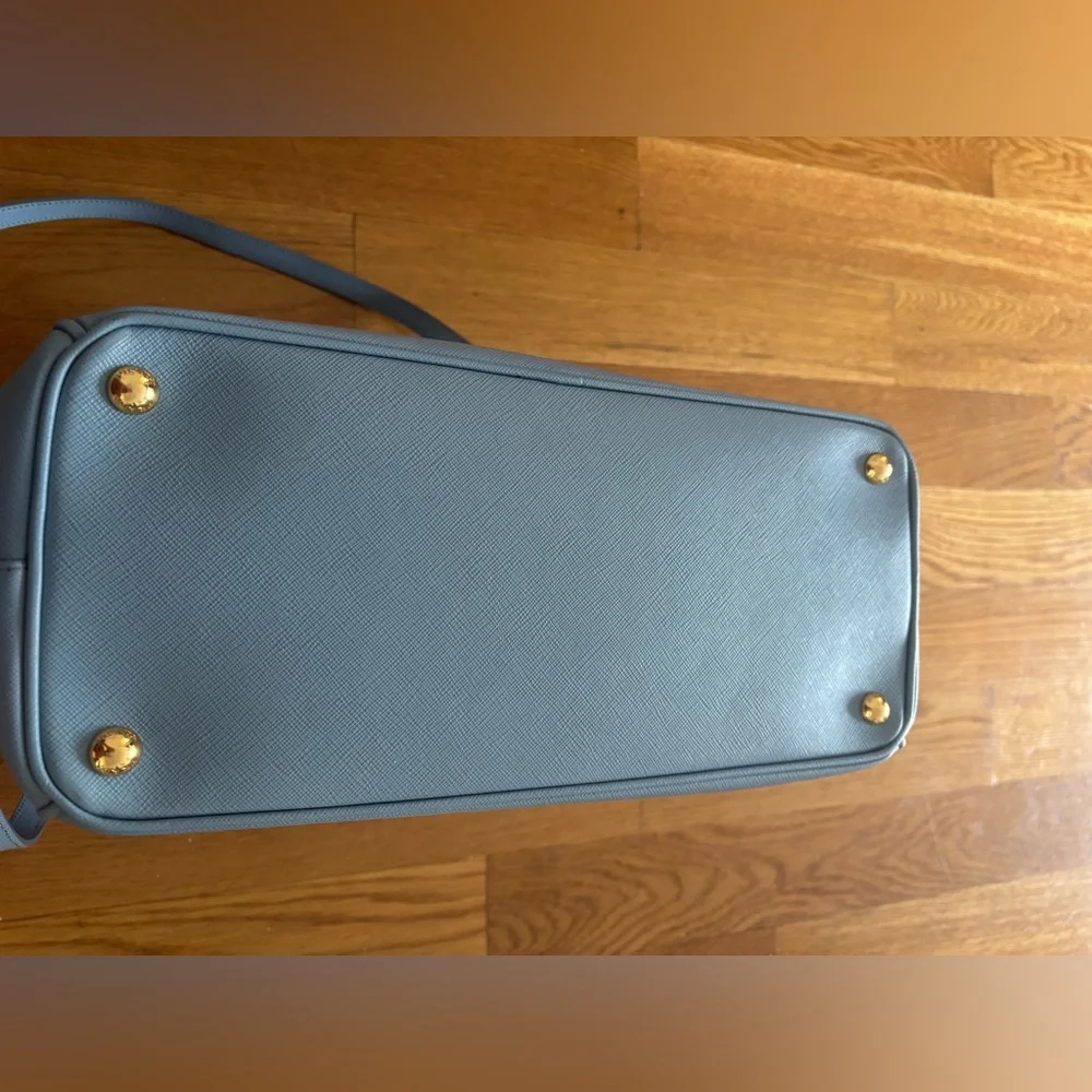 Prada Saffiano Large Double Zip Tote in Powder Blue (“Astrale”) Gold Hardware